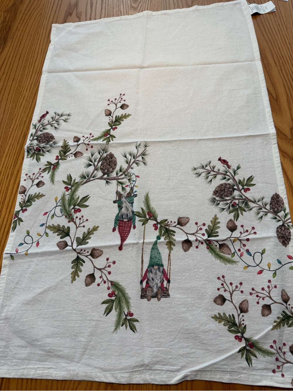 Pottery Barn White Tea Towel with Gnome & Pinecone Holiday Sprig Design